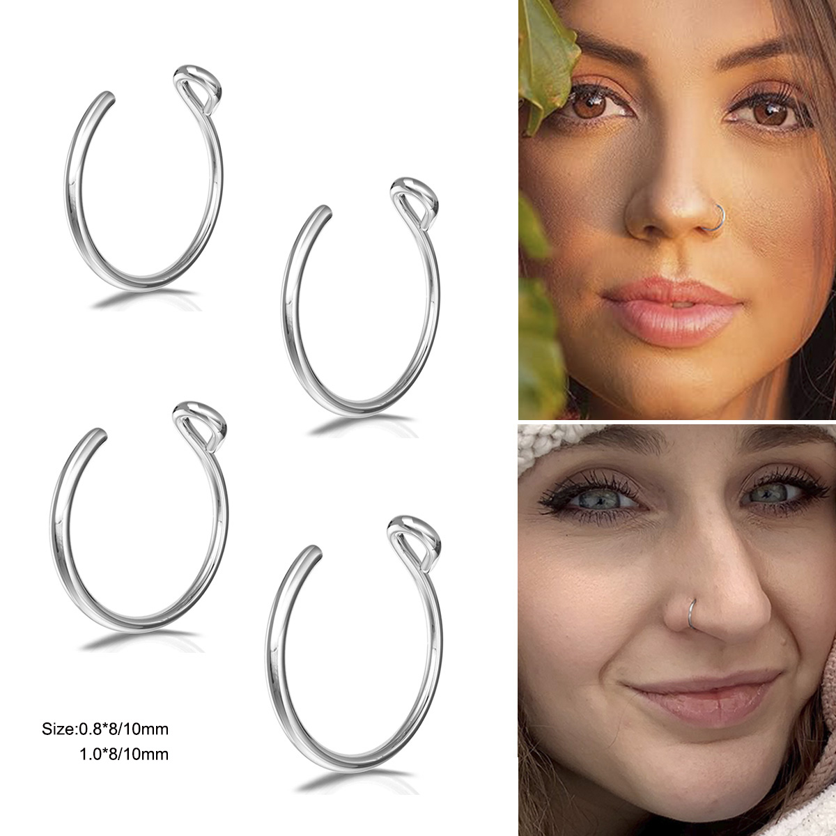 Body Jewelry Metal Types - 2 Stück Edelstahl-Nasenringe im Typ-C-Design, frei