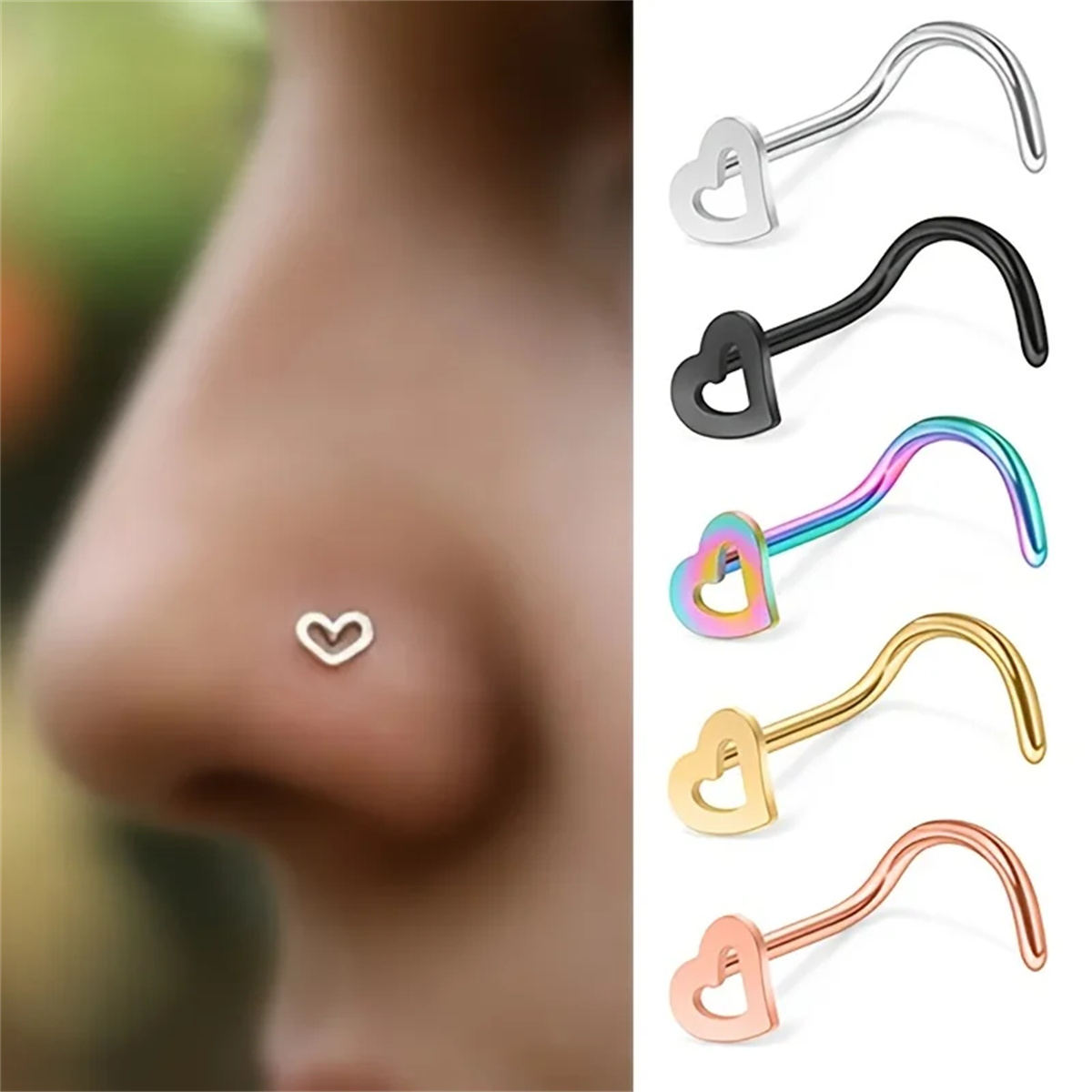 Body Jewelry Metal Types - EVISPOL 5 Stück Modische Herzförmige Edelstahl-Nasenstecker